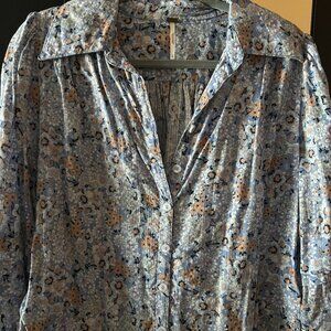 Free People Womens Happy Days Floral Blouse Size S Blue Balloon Sleeve Cotton